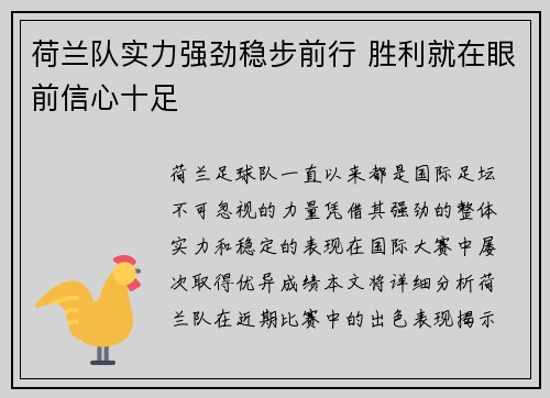 荷兰队实力强劲稳步前行 胜利就在眼前信心十足